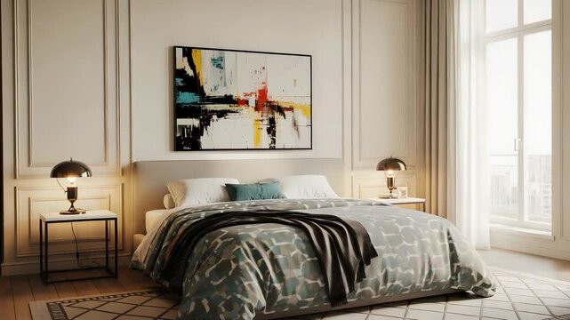Elegant Bedroom Interior with Patterned Duvet Bed Throw Blanket and Artwork