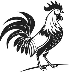Monochrome Rooster Illustration of a Proud Farm Animal in a Bold and Striking Graphic Style, Full Body Vector Illustration