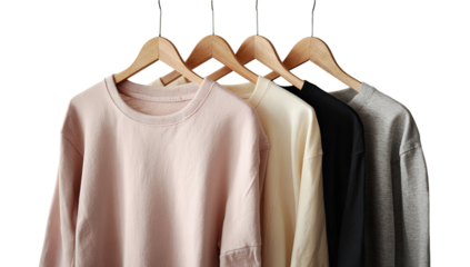 Four long-sleeve sweatshirts in pastel and neutral tones hang on wooden hangers