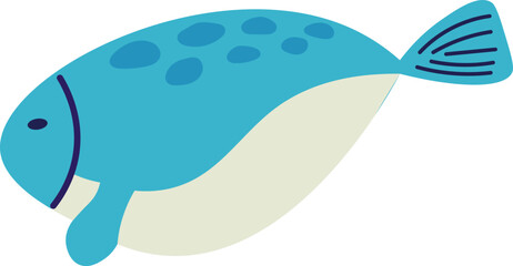 Cartoon blue fish with charming spots on its back and a large tail swims joyfully underwater in the ocean, creating a vibrant and playful atmosphere full of life