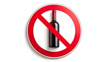 No alcohol sign with a red wine bottle inside the prohibition symbol on a white background
