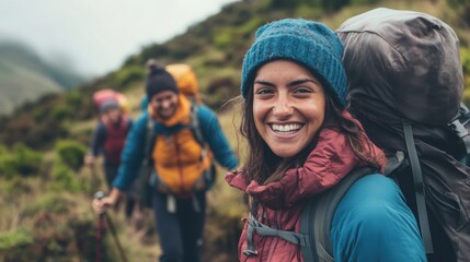 Cheerful trekking adventure: A group of friends hiking a foggy mountain trail