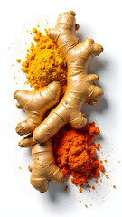 Naklejka premium Fresh Ginger, Turmeric Powder, and Lemon on White Background