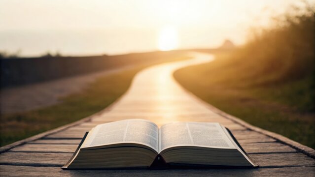 Open Bible with a winding path leading into a bright horizon &mdash; journey of faith and hope
