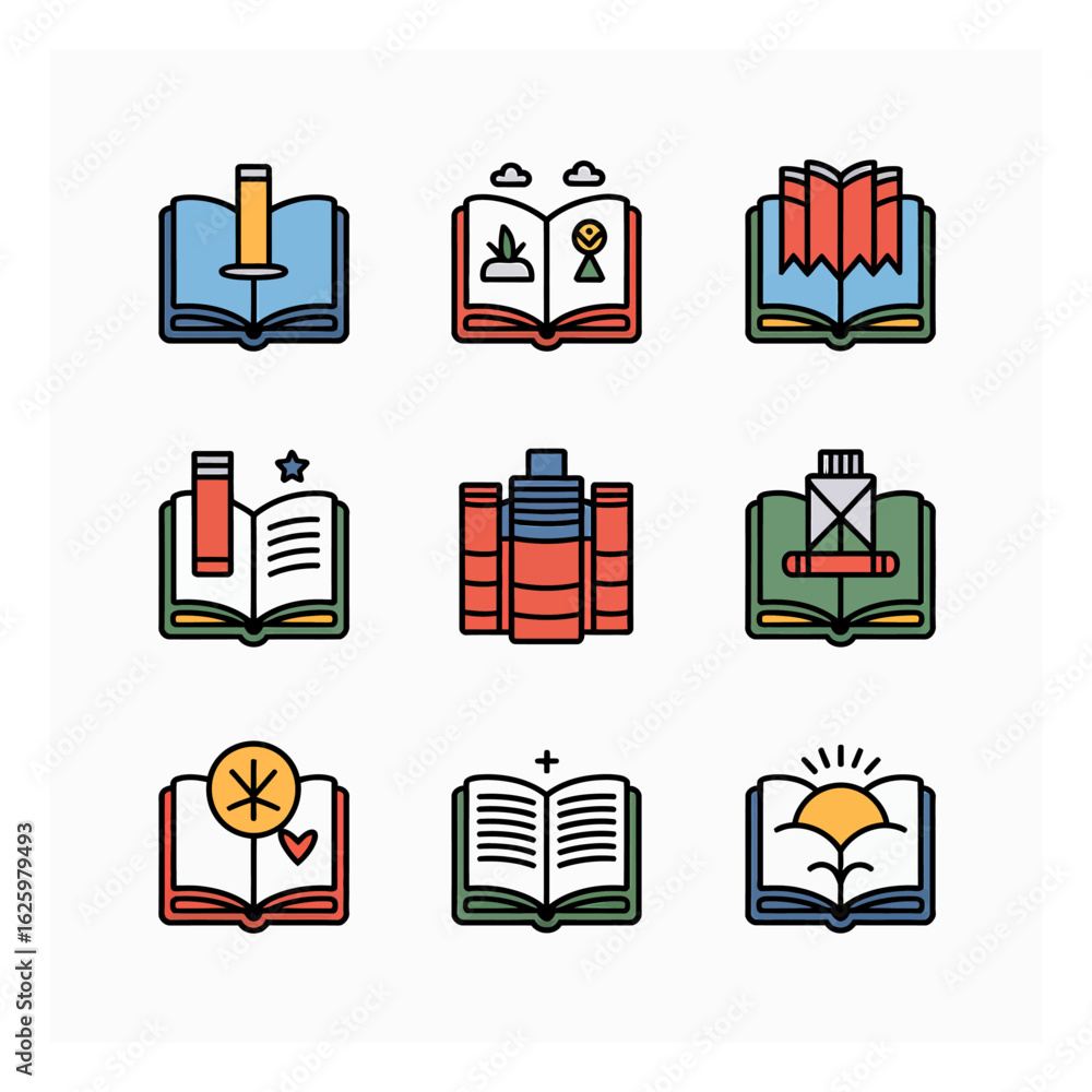 Poster collection of colorful open book vector icons representing knowledge, learning and education themes 