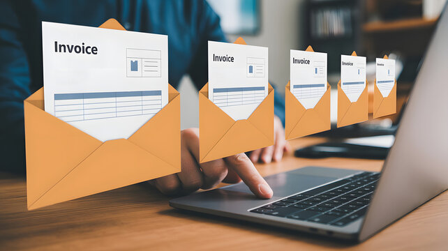 Digital invoices concept with laptop and envelopes, modern business workflow process