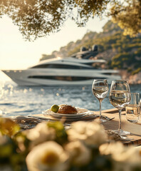 A table of food on a yacht at sunset.AI generative.