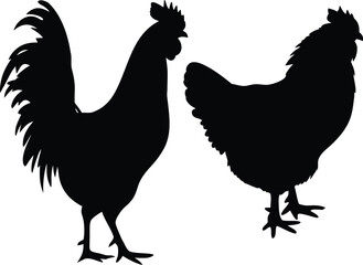 Silhouette of Rooster and Hen Symbolizing Farm Life A Simple Black and White Illustration Depicting Poultry