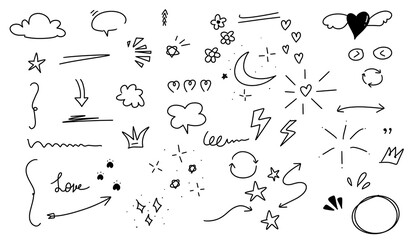Collection of handdrawn doodle elements including arrows, stars, hearts, clouds, moon, and sparkles, isolated on transparent background