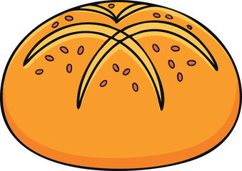 A round, orange-colored bread roll with a decorative design of criss-crossing lines and seeds.