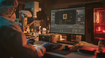 Scientist working on a high-tech computer in a laboratory environment. The scene conveys focus and scientific exploration.