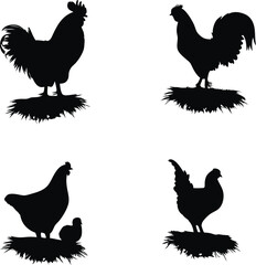 Silhouetted Farm Life Four Birds Displaying Roosters and Chickens in a Collection of Distinct Poses on Their Respective Nests