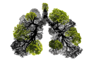 Lungs represented as trees, some vibrant green, some muted gray