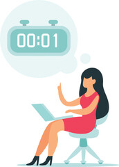 Businesswoman sitting on chair working with laptop having a thought bubble with a clock marking one minute left to deadline approaching, concept of last minute work, deadline and time management