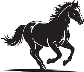 A dynamic black horse running in a powerful gallop. Vector silhouette illustration perfect for logos, emblems, and equestrian sports icons.