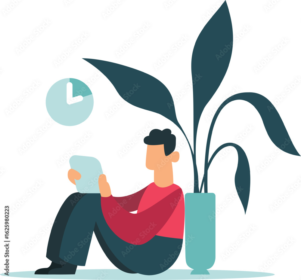 Poster freelancer managing time effectively while working from home, utilizing a tablet beside a plant, emb
