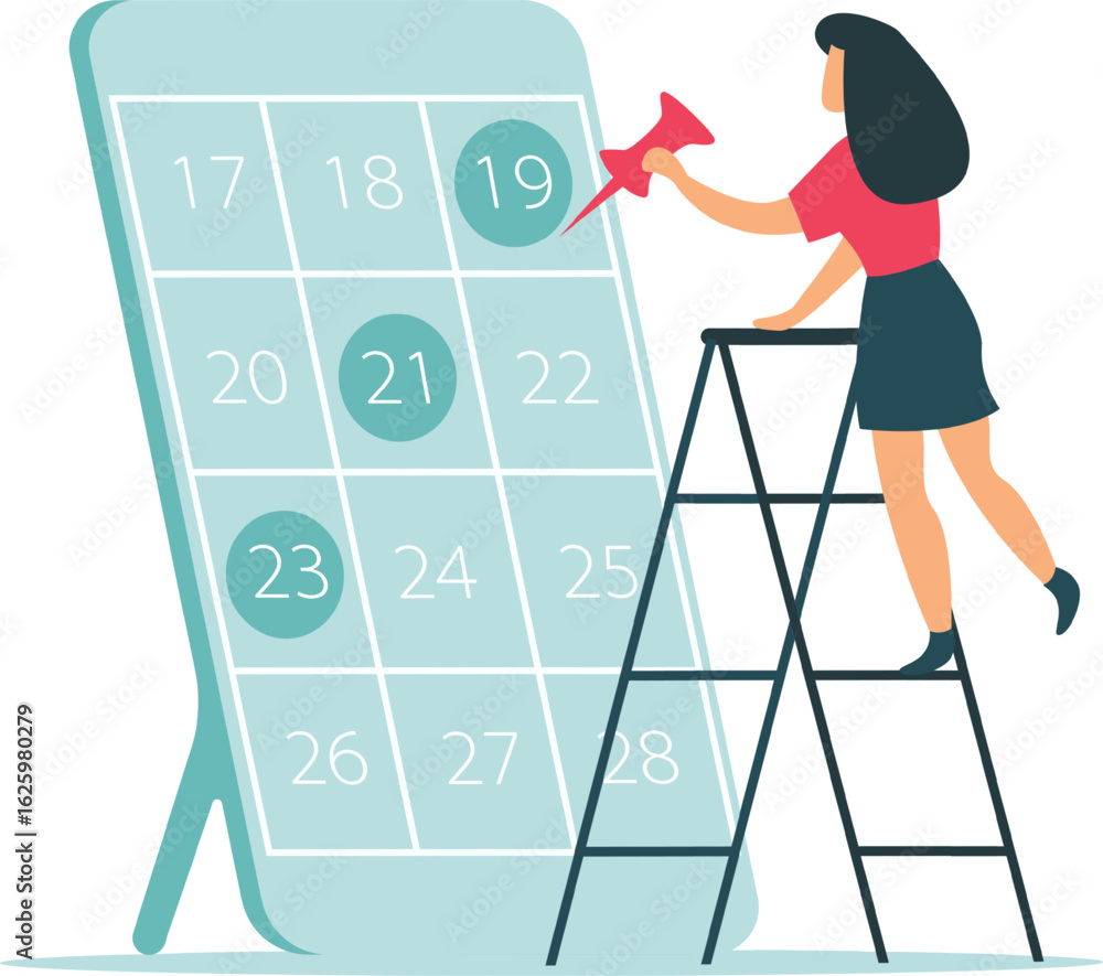 Poster project manager using push pin to mark completed tasks on a large online calendar displayed on a gia