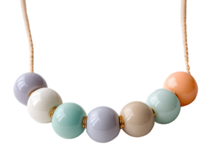 Pastel-colored beaded necklace.  Smooth, round beads in soft pastel shades,  light beige, pale teal,  peach,  pale lavender,  and off-white,  on a light beige cord