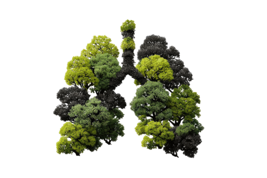Lungs depicted as a cluster of  green and dark  vegetation, suggesting  pollution or  ecological impact