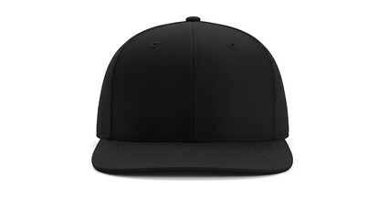 A plain black baseball cap with a flat brim, presented in a studio shot with a white background, perfect for design mockups.