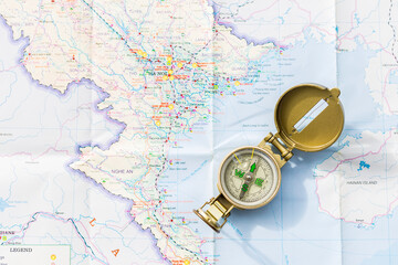 Compass on map background, Navigation tool for tourism and direction of travel