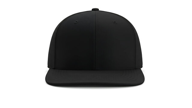 A plain black baseball cap with a flat brim, presented in a studio shot with a white background, perfect for design mockups.