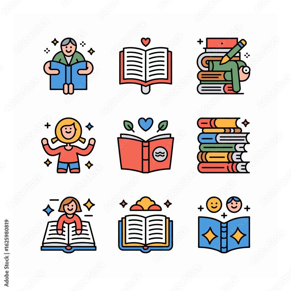 Poster collection of reading vector icons featuring books and readers depicting the joy of learning and edu