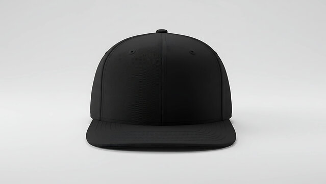 Blank black snapback cap with a flat brim, shown from the front view and isolated on a light gray background. A perfect template for design mockups.