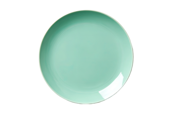 Overhead view of a round, mint-green dinner plate.  A subtle, darker rim encircles the plate