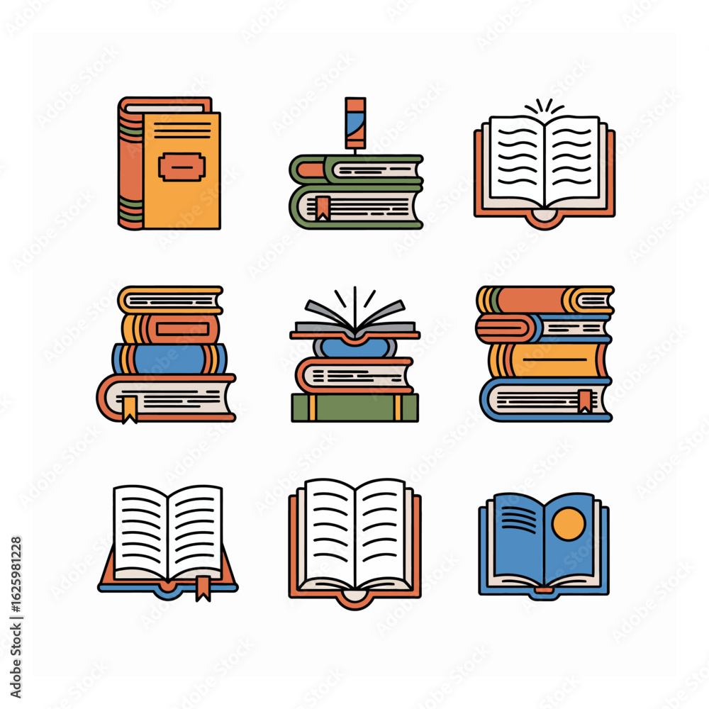 Poster colorful book collection vector art featuring stacks and open books with flat design and outline sty