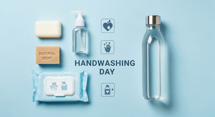 Minimalist Flat Lay of Hygiene Products for Global Handwashing Day Awareness