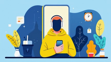incognito user concept. Digital illustration of a person in headphones, using a smartphone amidst a colorful, stylized background.