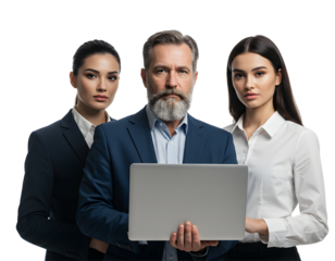 Professional business team of diverse colleagues collaborating on a laptop, discussing strategy and ideas — perfect for teamwork, corporate projects, and office productivity scenes.
