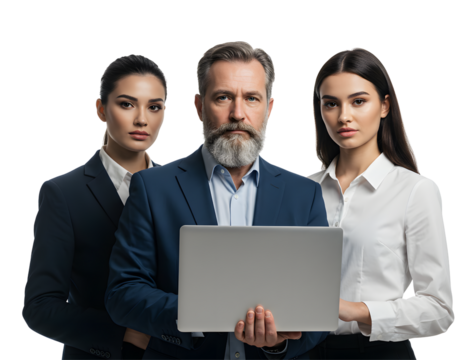 Professional business team of diverse colleagues collaborating on a laptop, discussing strategy and ideas — perfect for teamwork, corporate projects, and office productivity scenes. - Powered by Adobe