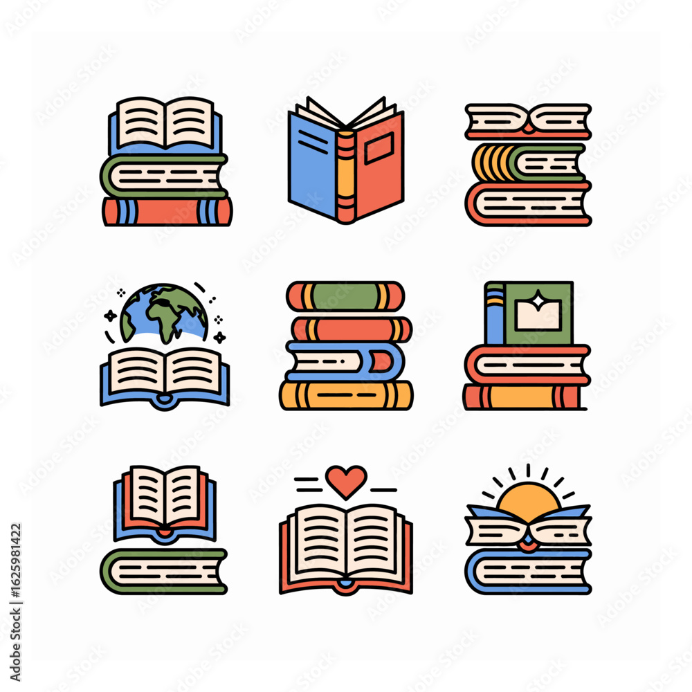 Poster colorful book stack illustrations for education and knowledge design elements in vector format, grea