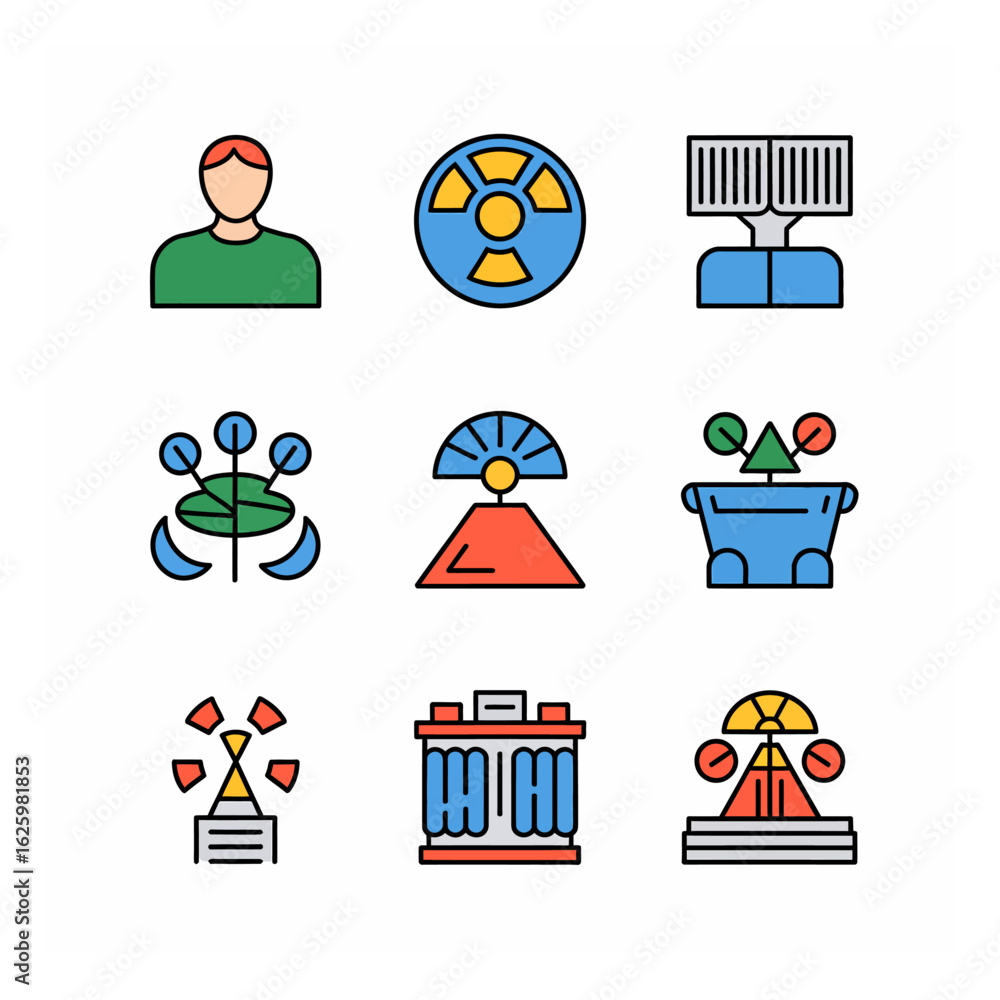 Poster colorful icons representing science, technology, and various conceptual ideas in vector format for c