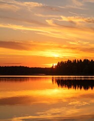 Obraz premium Calm lake reflects vibrant sunset hues, silhouetting a tree line