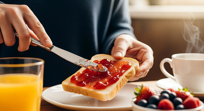 Spreading bread with jam