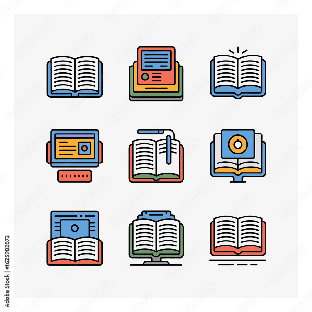 Poster digital learning icon set featuring open books and computers for online education and knowledge reso