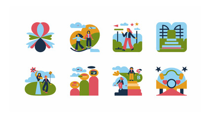 Diverse business concepts illustrated with teamwork, growth, progress, and creative idea generation in vector format