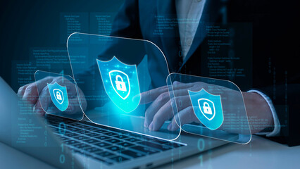 Businessman using laptop login identity on virtual screen. Cyber security protect business...
