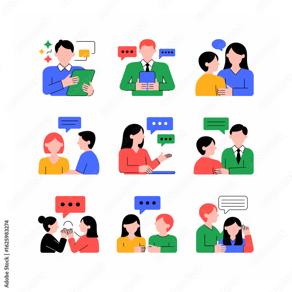 Poster diverse communication scenarios depicting people in conversation with speech bubbles and modern flat