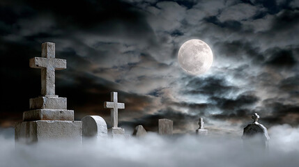 A spooky graveyard scene under a full moon with fog rolling over old tombstones and crosses on a dark cloudy night