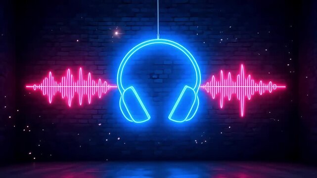 Listen up Neon headphone and audio waves create a vibrant soundscape on brick wall background
