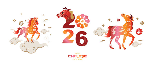 Chinese new year background with horse and lantern for horizontal banner