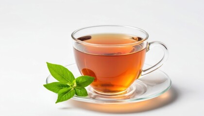  A transparent cup of fragrant tea sits on a white saucer, with fresh green leaves next to it. The clean background highlights the elegance of the composition.