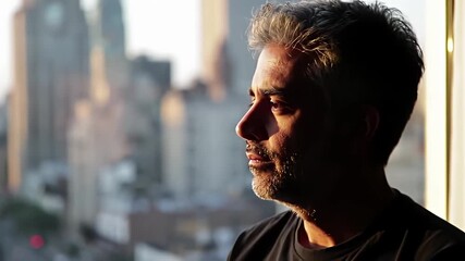 Man, in profile, gazing out of window with city blurred in background, morning light - Powered by Adobe