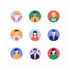 Fototapeta premium Diverse emotions and reactions represented by nine distinct individuals in a flat vector style, showcasing a range of feelings and expressions