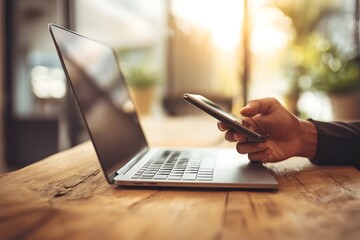 Hand holds phone next to laptop.