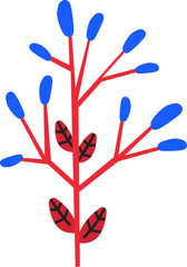 Contemporary illustration of a red plant growing with blue fruits and red leaves with black stripes on a white background, perfect for nature, botanical and decorative projects